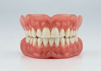 Fototapeta premium Full set of artificial human teeth dentures with gums on gray background