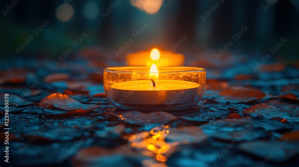 Poster tranquil evening scene with floating candles on a bed of petals in a serene forest setting