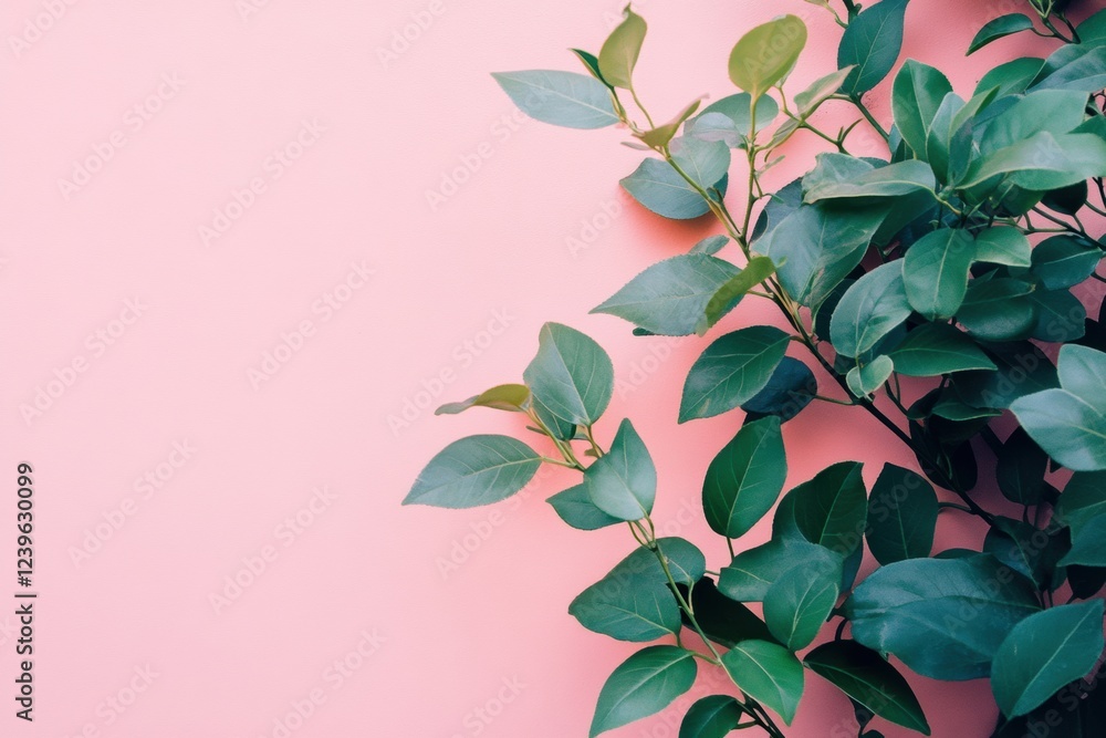 Poster green leaves against a soft pink background create a fresh and vibrant aesthetic in an indoor settin