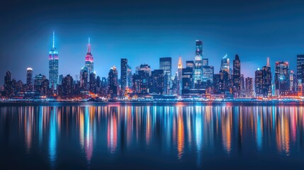 Fototapeta premium A bustling metropolitan skyline comes to life with vibrant lights reflecting in a calm harbor at blue hour, capturing the energy and beauty of the city at twilight.