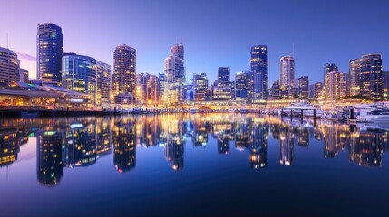 Obraz premium A bustling metropolitan skyline comes to life with vibrant lights reflecting in a calm harbor at blue hour, capturing the energy and beauty of the city at twilight.