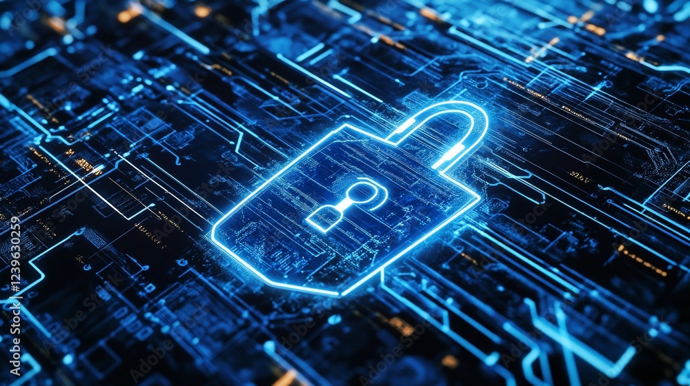 Poster cybersecurity data protection with glowing padlock and circuitry lines