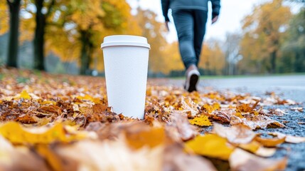 Autumn walk, coffee cup, park path, leaves