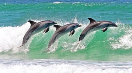 Obraz premium Three dolphins leaping playfully over ocean waves.