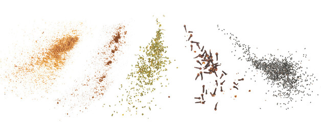 Set various spices flying, ground nutmeg, clove powder, dry chive pile, dried cloves and organic...