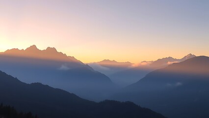 sunrise mountains mist layers horizon peaks valleys nature morning light clouds serene tranquility wilderness twilight golden atmosphere forest haze alpine majestic