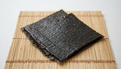 Raw nori sheets placed on a traditional bamboo sushi mat