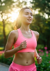 Fototapeta premium Young woman jogging in park at sunrise for healthy lifestyle and fitness