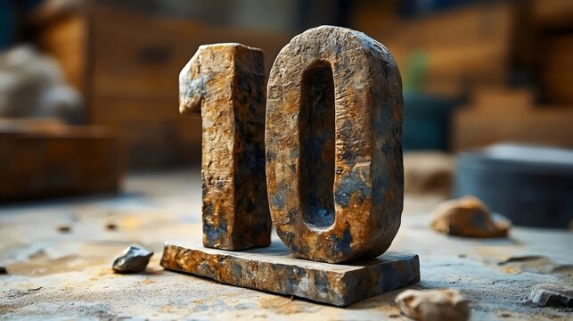 The number 10 is made out of stone and is surrounded by rocks - Powered by Adobe