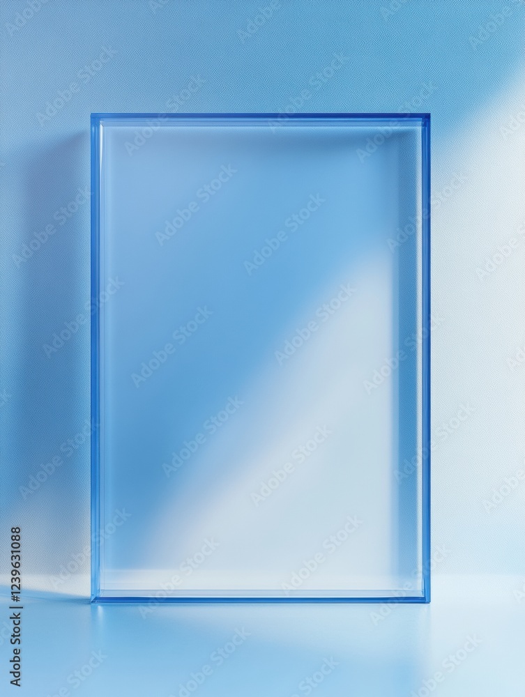 Aufkleber clear acrylic frame casting a soft blue shadow on a light blue background. generative ai