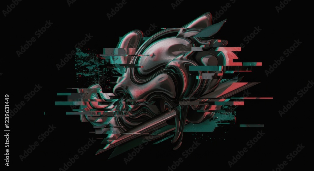 Poster glitch art abstract: 3d digital skull in distorted pixelated style