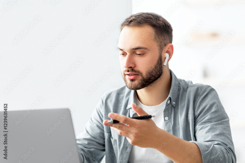 Poster Learning English online. Focused male teacher giving foreign language lesson on web using laptop. Millennial tutor explaining grammar rules to students on internet during covid lockdown