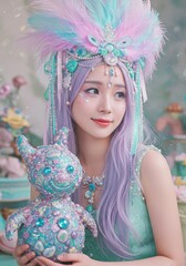 Fototapeta premium Enchanting fantasy portrait of woman in pastel costume holding decorated plush toy