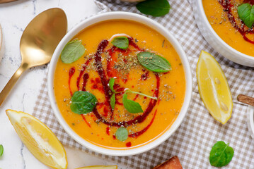 Traditional Turkish Vegan Red Lentil   veggy soup .style rustic