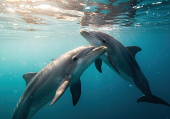 Fototapeta premium Playful dolphins in sunlit ocean waters embracing harmony