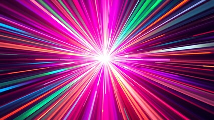Colorful light burst with radial beams of pink purple green blue orange creating dynamic vibrant abstract background suitable for technology futuristic sci-fi themes