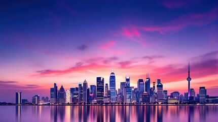 Obraz premium Vibrant city skyline at sunset with reflective water and colorful skies