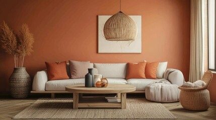 A chic and cozy living room with peach tones, featuring a wooden coffee table placed near a stylish sofa in a modern interior.