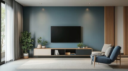 A chic modern living room featuring a two-tone color wall, a minimalist TV cabinet, and a cozy atmosphere perfect for interior design ideas.
