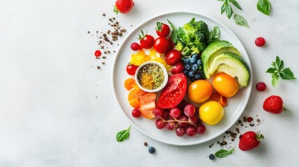 A clean white plate showcases a variety of organic food items, symbolizing fresh, healthy ingredients and global food safety awareness in a minimalist presentation