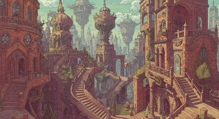 Obraz premium Enchanting fantasy cityscape with intricate architecture and floating structures