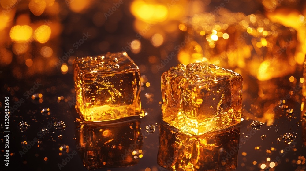 Poster a close-up of melting ice cubes on a glossy surface, with golden whiskey reflecting and water drople