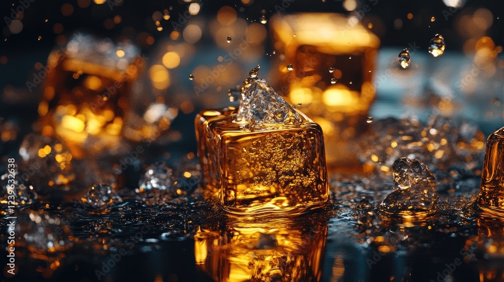 Aufkleber a close-up of melting ice cubes on a glossy surface, with golden whiskey reflecting and water drople