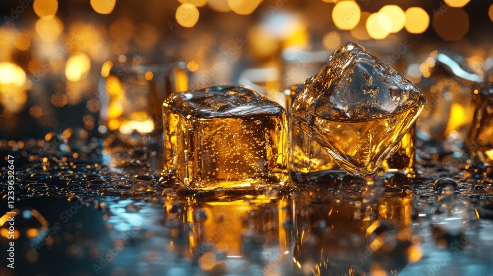 Poster a close-up of melting ice cubes on a glossy surface, with golden whiskey reflecting and water drople