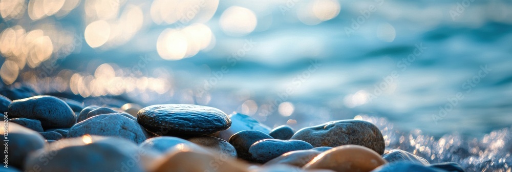 Aufkleber smooth pebbles resting along the shoreline under sparkling sunlight near a serene body of water. gen