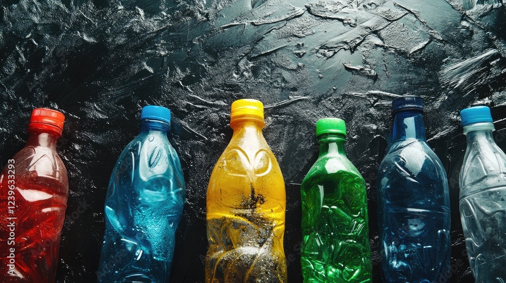 Poster a collection of colorful discarded plastic bottles artistically arranged on a dark textured surface,