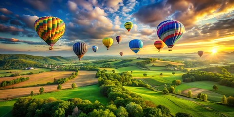 Fototapeta premium Colorful Hot Air Balloons Floating Over Lush Green Landscape