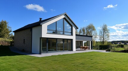 Fototapeta premium Modern home with expansive windows and large garden under a bright blue sky