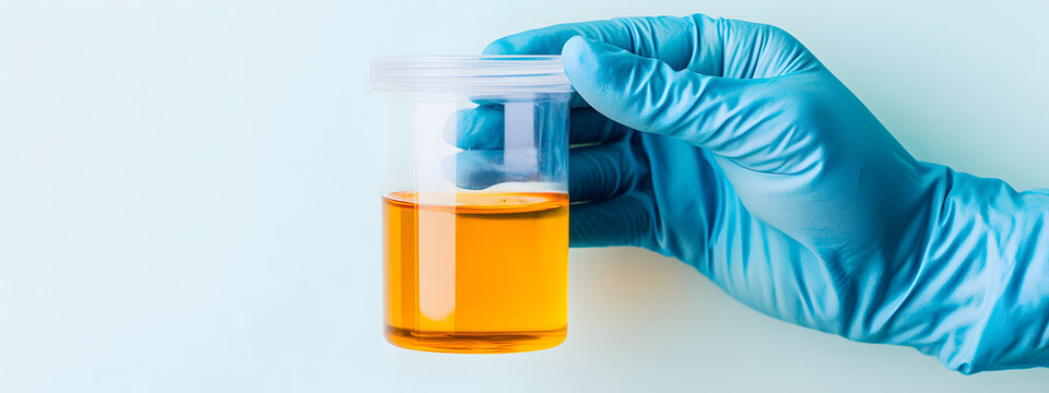 Collecting a urine sample: Checking and caring for bladder health. The lab technician's hand holds the urine specimen container against a light-colored background with space for text. Test Collection 