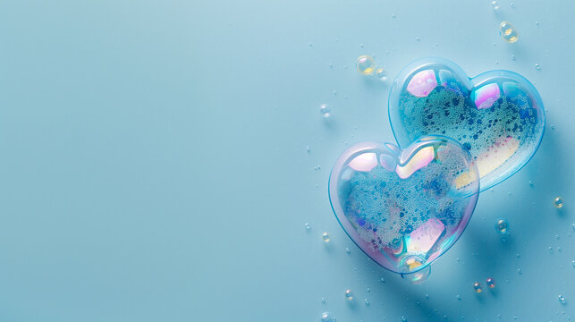 Iridescent Heart Bubbles on Blue Background, Romantic Concept. Two shimmering, transparent soap bubble hearts resting on a pastel blue backdrop, evoking a dreamy love theme.