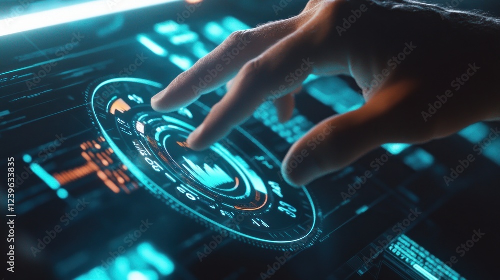 Poster futuristic interface control with finger touching a digital screen display