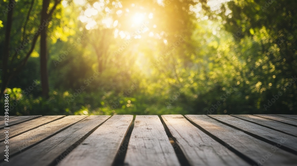 Fototapete sunlight filtering through trees onto a wooden platform in a serene forest at dawn. generative ai