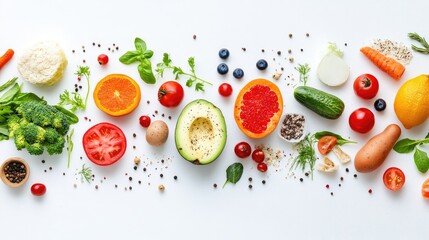 A collection of organic food items arranged neatly on a clean white background, highlighting fresh, nutritious choices while emphasizing food safety and sustainability.