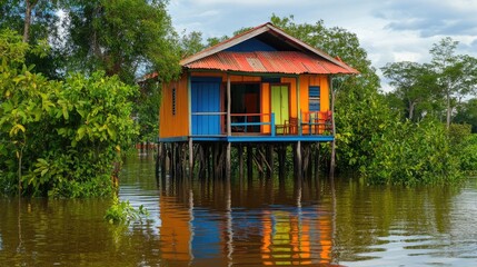 A colorful wooden house perched on stilts above rising floodwaters, with lush greenery floating nearby, symbolizing harmony and resilience against natural forces.