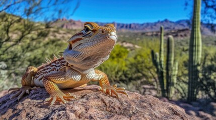 Fototapeta premium Close-up of a desert lizard on a rock, basking in the sun with a mountain range in the background.