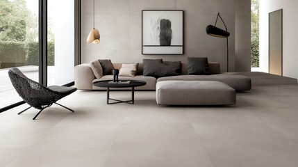 Fototapeta premium A contemporary and chic living room with light beige, gray furniture, and a subtle microcement background ideal for showcasing artwork.