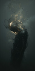 Dark abstract figure with glowing ethereal energy crown effect. Mysterious silhouette surrounded by luminous particles in moody atmosphere.