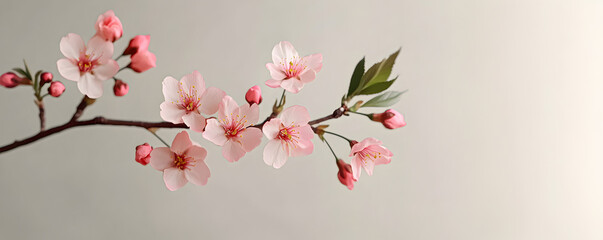 Obraz premium Spring nature, sakura branch with pink flowers on light background closeup macro shot. Floral spring banner or greeting card.