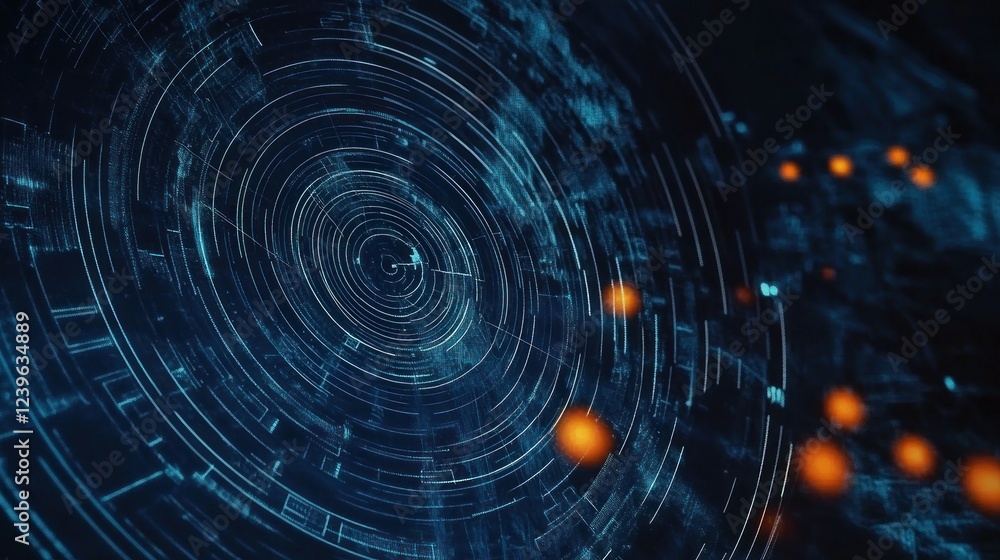 Poster Abstract digital technology data visualization with circular patterns and glowing elements
