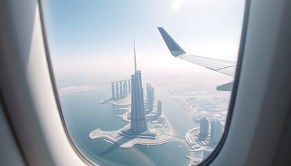 Dubai seen through the window of airplane, travel in UAE concept , with white tonespng