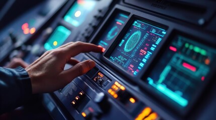 A medium closeup of a detailed control panel featuring digital screens and gauges displaying data such as temperature pressure and energy output with an operators hands manipulating