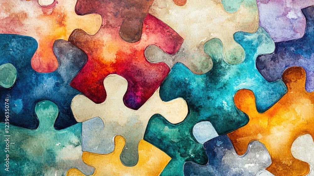Poster a creative puzzle piece design in fluid watercolor patterns, symbolizing integration and diversity, 