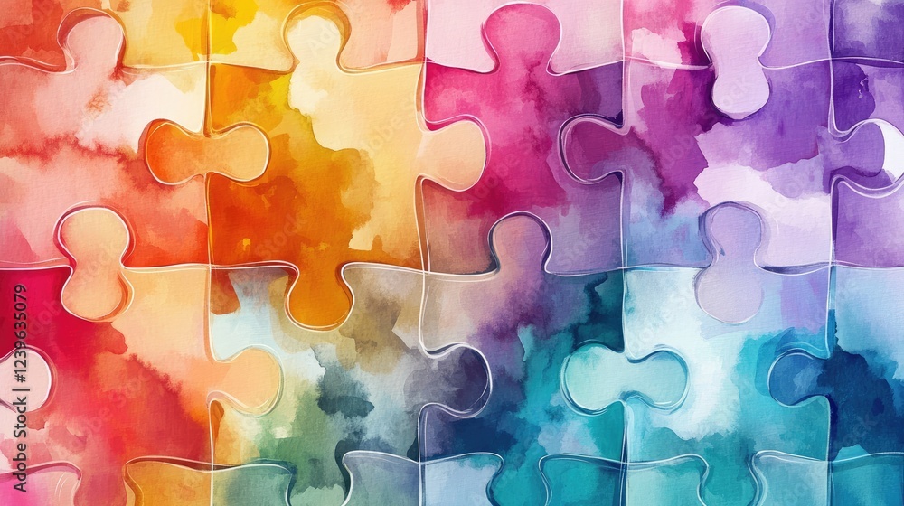 Poster a creative puzzle piece design in fluid watercolor patterns, symbolizing integration and diversity, 