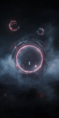 Futuristic neon ring portal floating in a dark stormy sky with glowing red accents. Sci-fi landscape with mysterious circular gateway amid dramatic clouds.