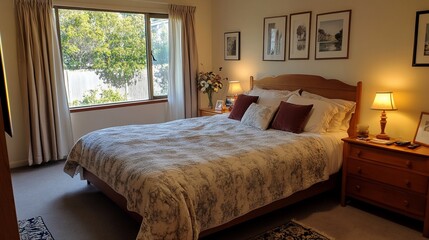 Fototapeta premium Inviting bedroom with natural light and cozy ambiance for relaxation and sleep