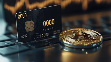 Photo of a sleek black crypto debit card with Bitcoin cryptocurrency coin, digital payment, and finance technology concept.